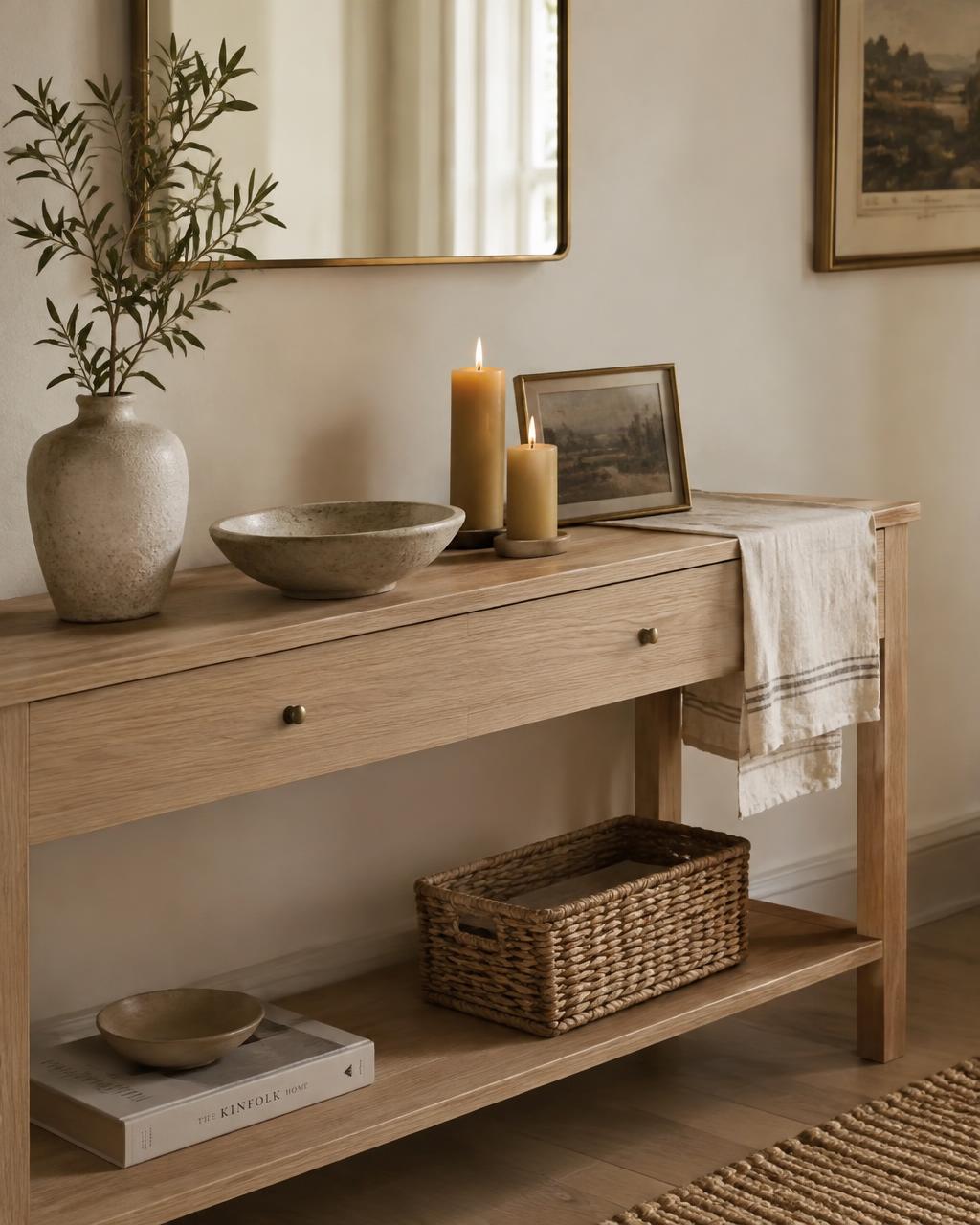 Styled oak entryway console with stoneware bowl, beeswax candles and brass frame
