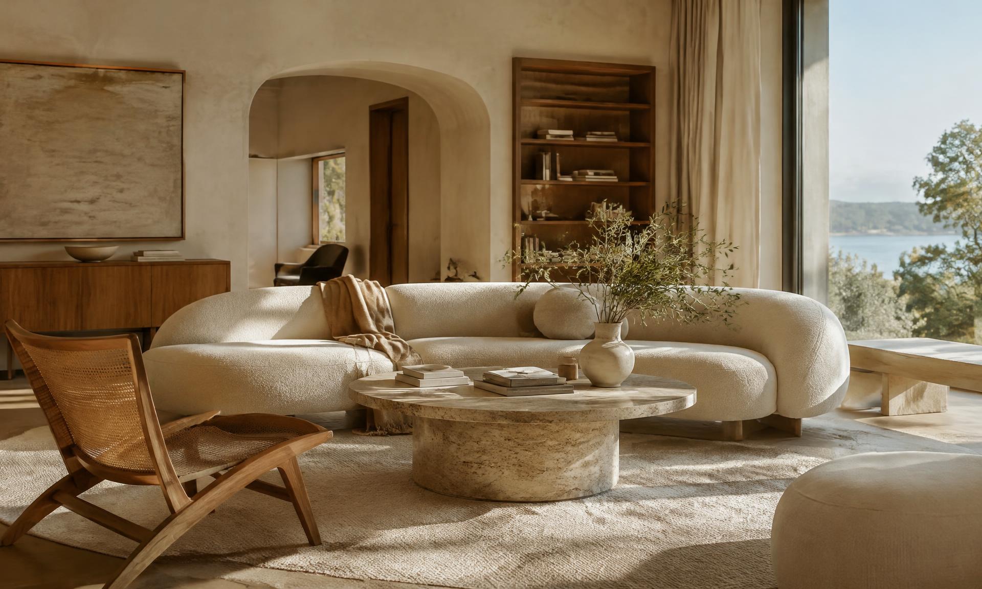 Sunlit organic modern living room with curved bouclé sofa, travertine table and oak lounge chair