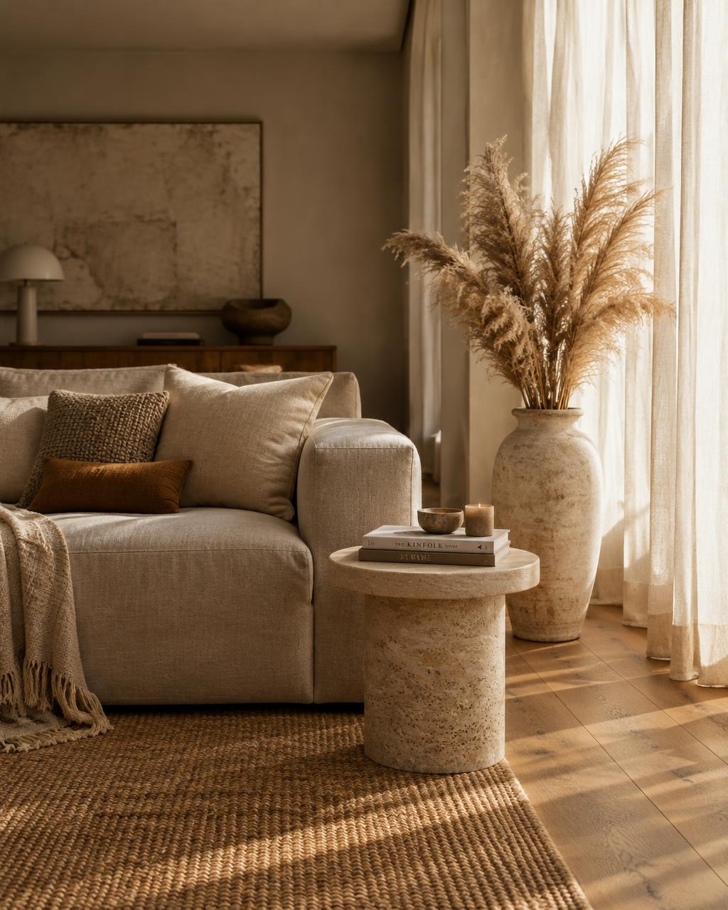 Organic modern living room with curved ivory bouclé sofa, round travertine coffee table and oak cane lounge chair